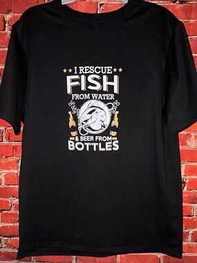 Men's Large Black Crew Neck Short Sleeve Polyester Graphic Tee "I Rescue Fish"